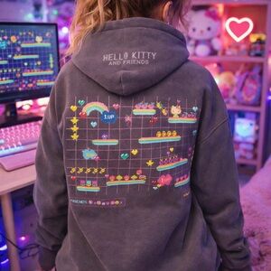 Hello Kitty Dark Gray Hoodie with Colorful Arcade Design